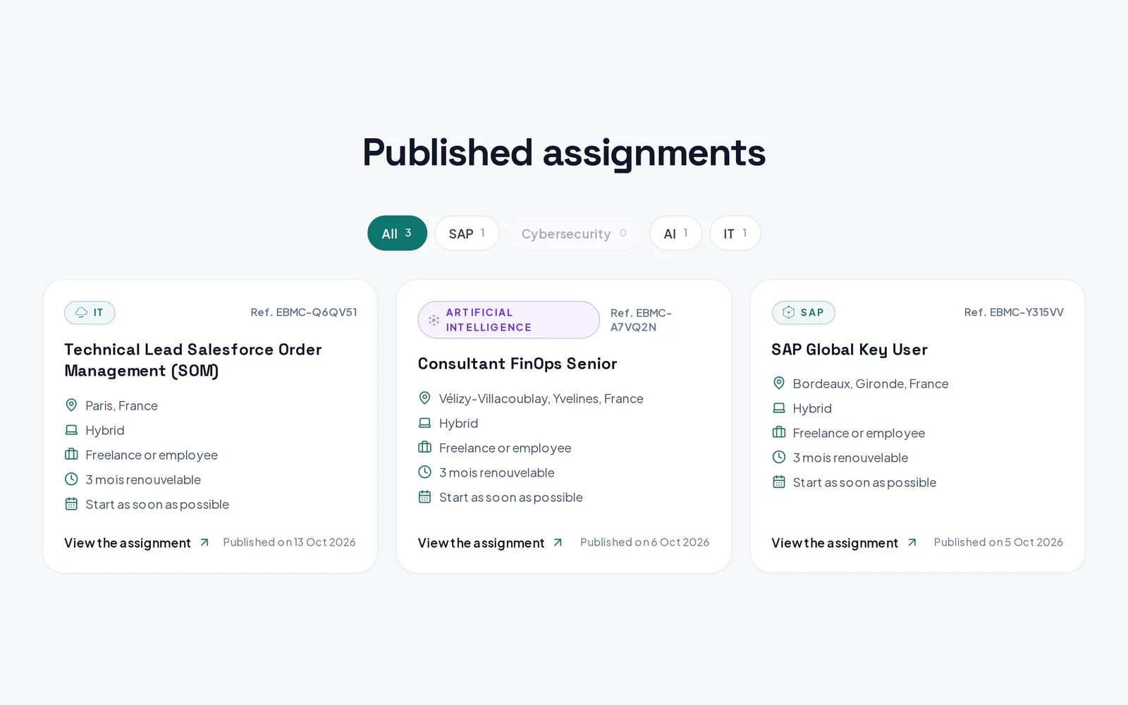 The careers page: assignments published from the ATS, filtered by domain, each with a direct application.