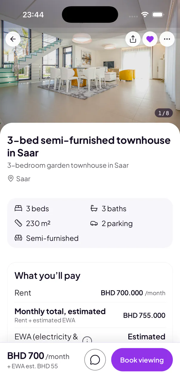 Une annonce dans l’application : caractéristiques et « What you’ll pay », avec le total mensuel estimé