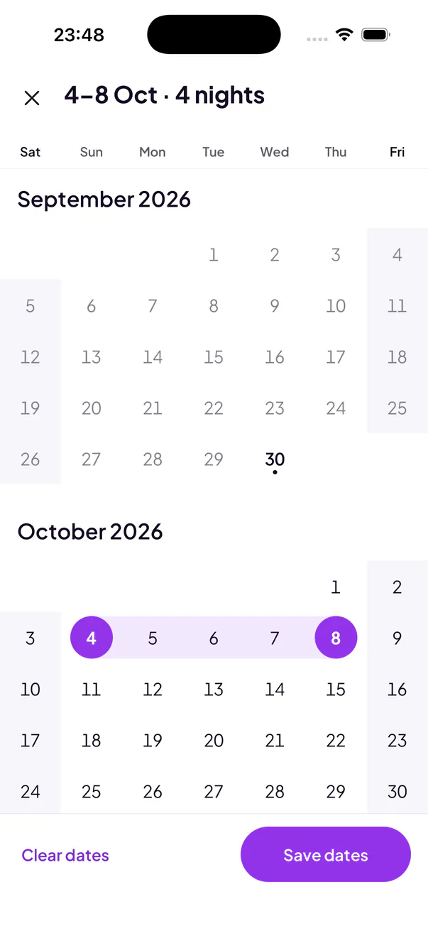 Choix des dates d’un court séjour dans l’application
