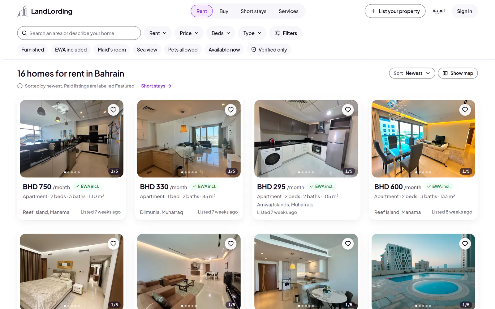Logements à louer sur land-lording.com, chaque carte avec son loyer mensuel et l’EWA