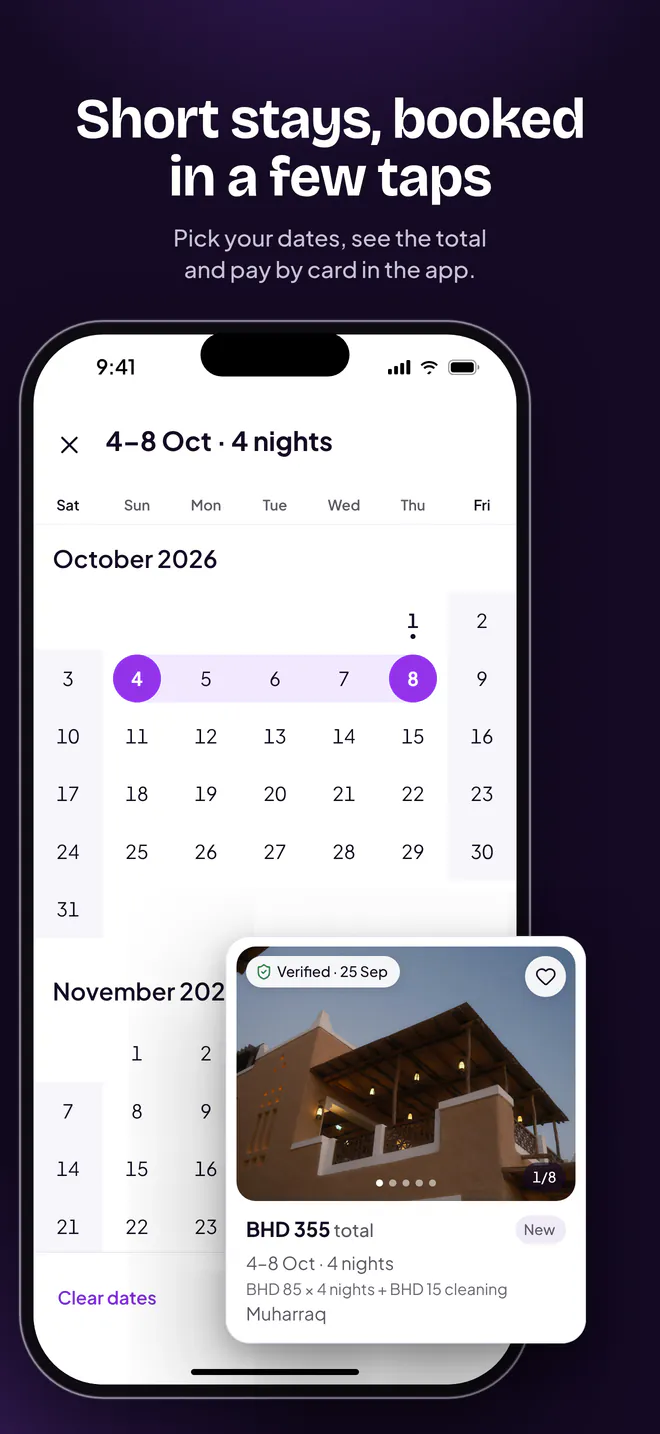 Courts séjours : dates choisies sur un calendrier, total affiché (en anglais)