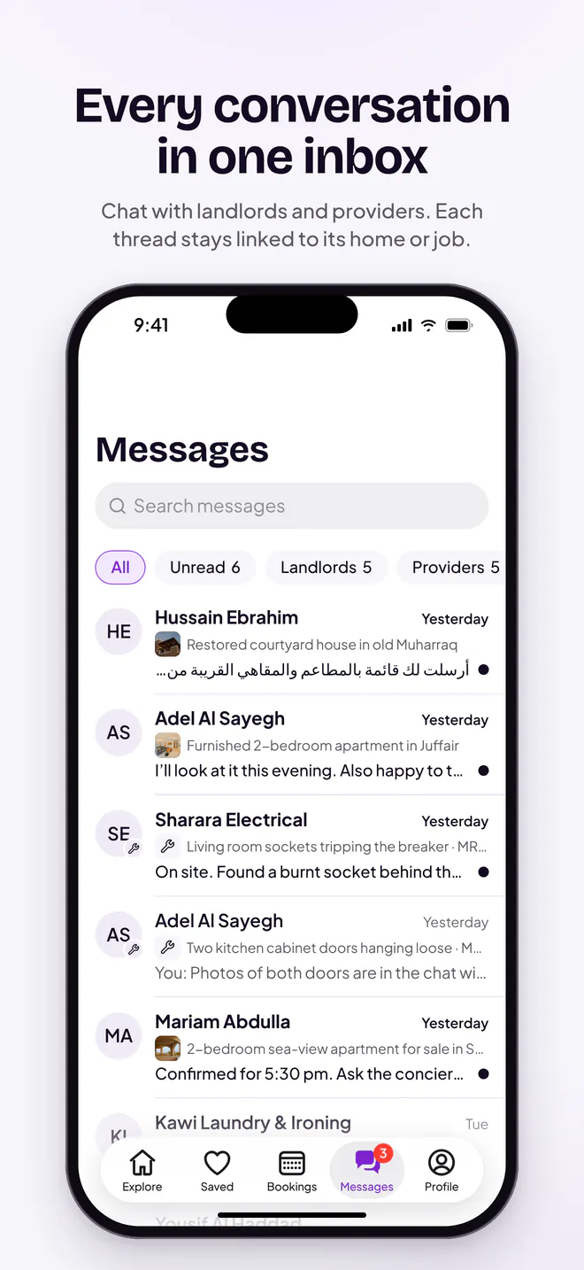 Messages : toutes les conversations avec propriétaires et prestataires dans une seule boîte (en anglais)