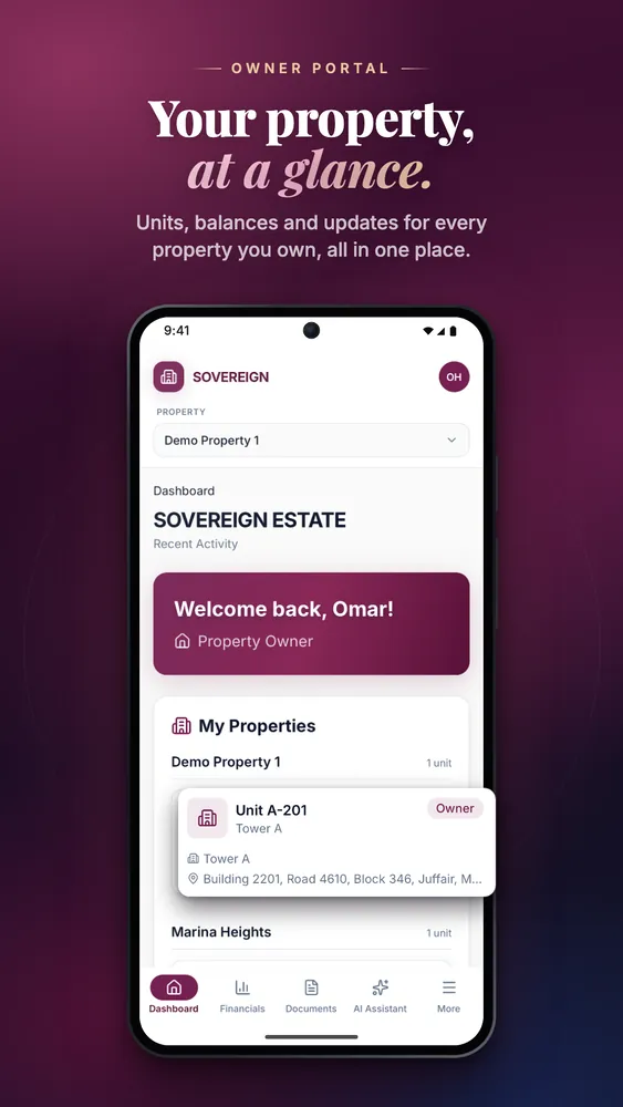 Mobile, Google Play — Dashboard: the owner’s properties and units.