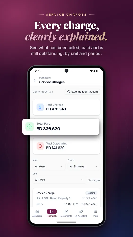 Mobile, Google Play — Service charges: amounts billed, paid and outstanding, by unit and period.