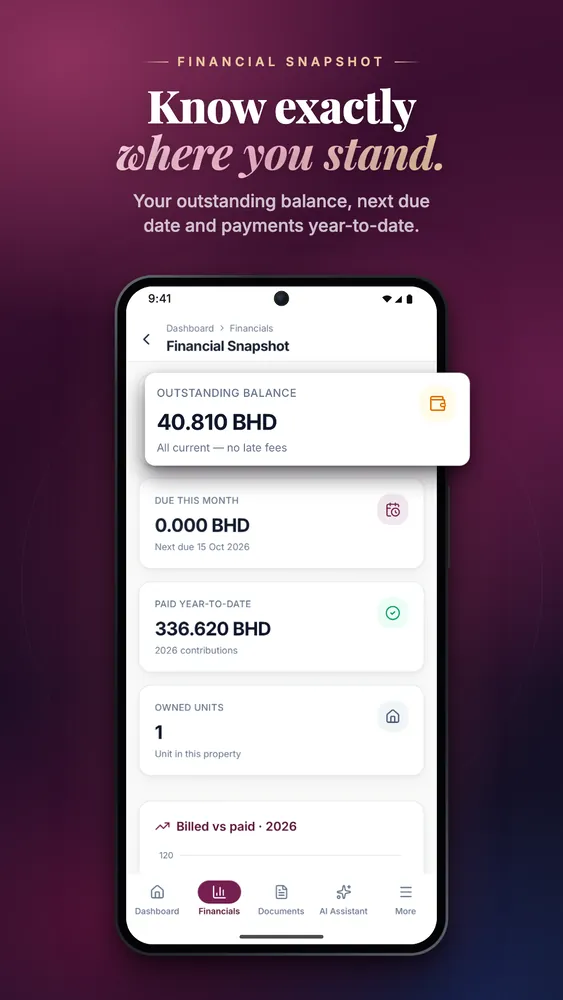 Mobile, Google Play — Financial snapshot: outstanding balance, next due date and payments this year.