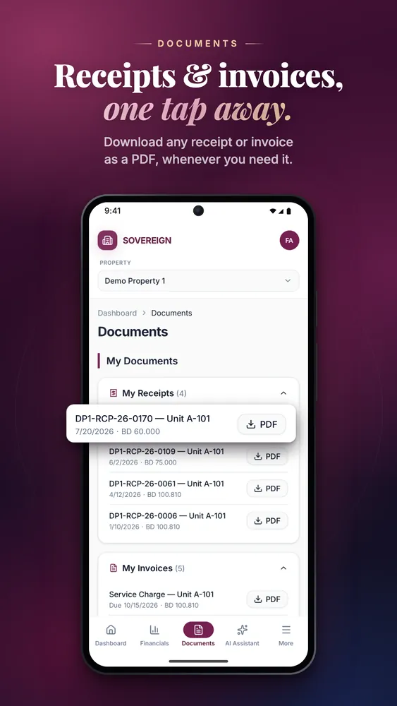 Mobile, Google Play — Documents: receipts and invoices to download as PDFs.