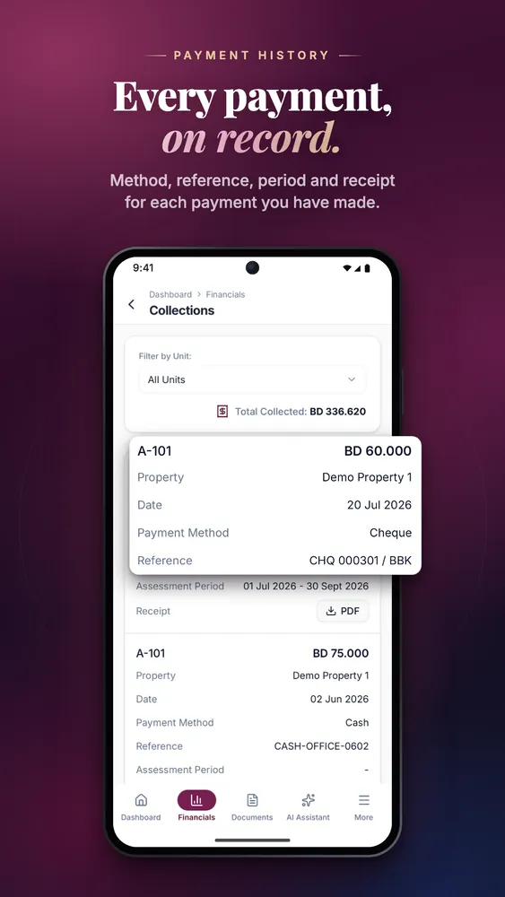 Mobile, Google Play — Payment history: method, reference, period and receipt for each payment.