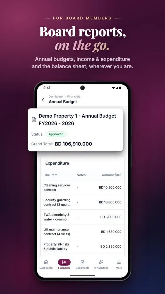 Mobile, Google Play — Board reports: annual budget, income and expenditure, balance sheet.