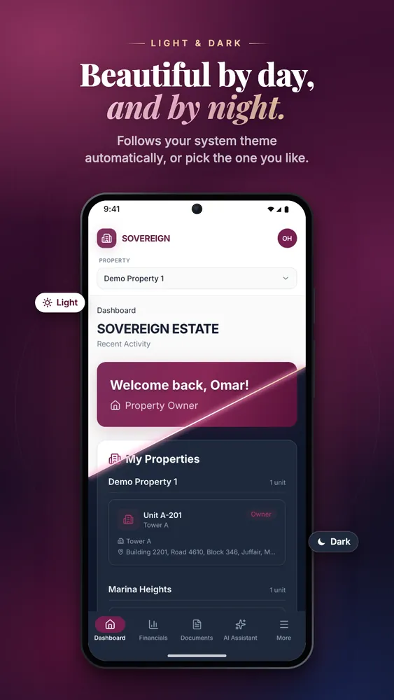 Mobile, Google Play — The dashboard in light and dark mode.