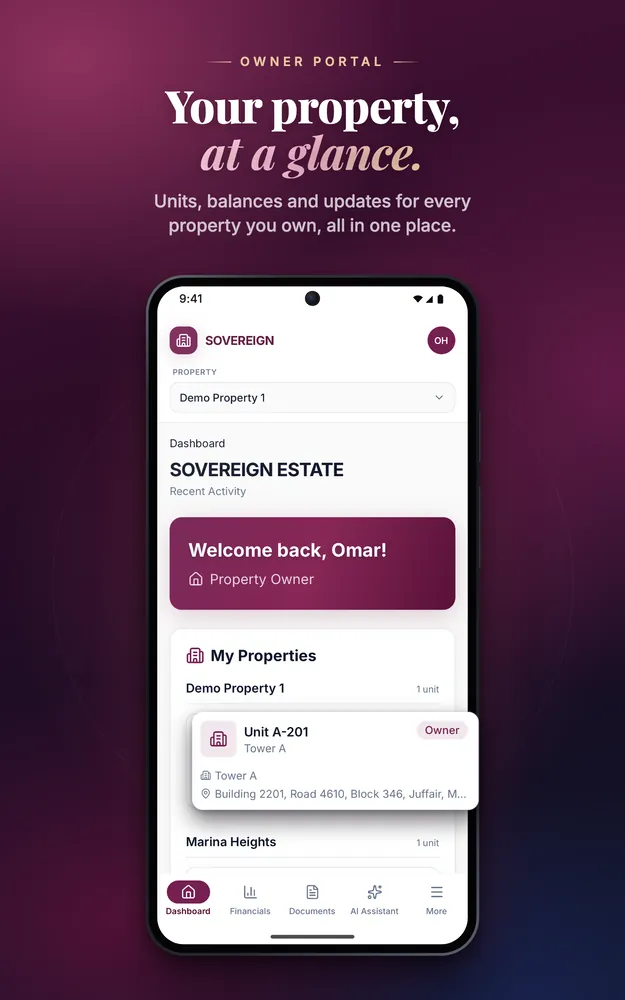 Android 10-inch tablet — Dashboard: the owner’s properties and units.