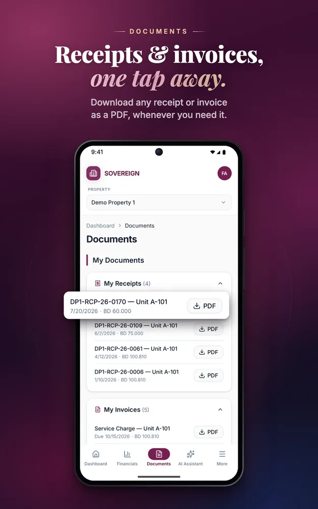 Android 7-inch tablet — Documents: receipts and invoices to download as PDFs.