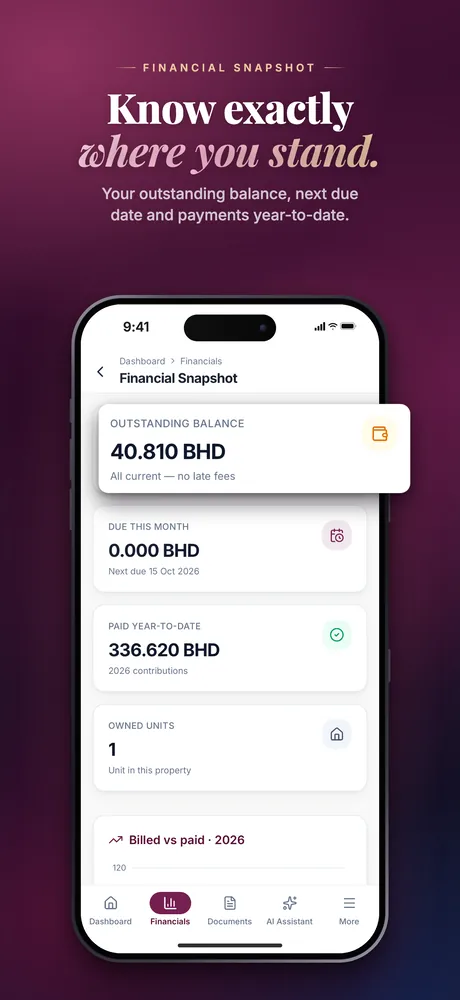 Mobile, App Store — Financial snapshot: outstanding balance, next due date and payments this year.