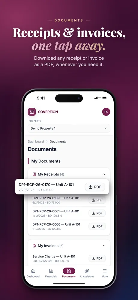 Mobile, App Store — Documents: receipts and invoices to download as PDFs.