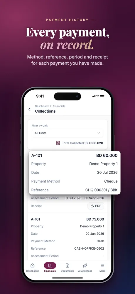 Mobile, App Store — Payment history: method, reference, period and receipt for each payment.