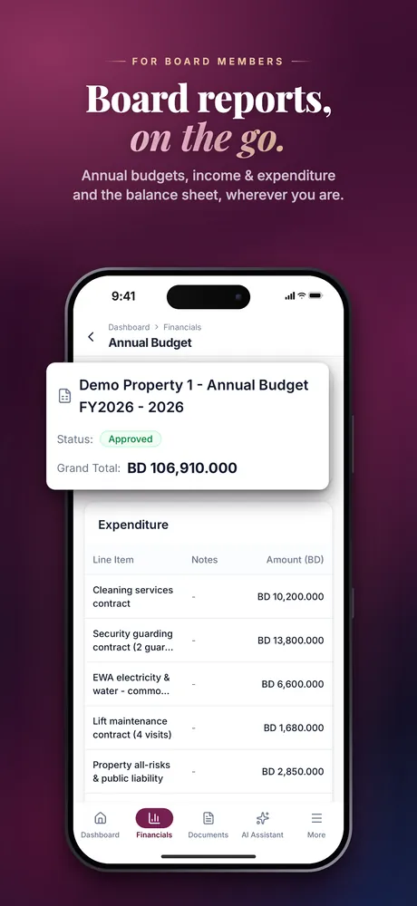 Mobile, App Store — Board reports: annual budget, income and expenditure, balance sheet.