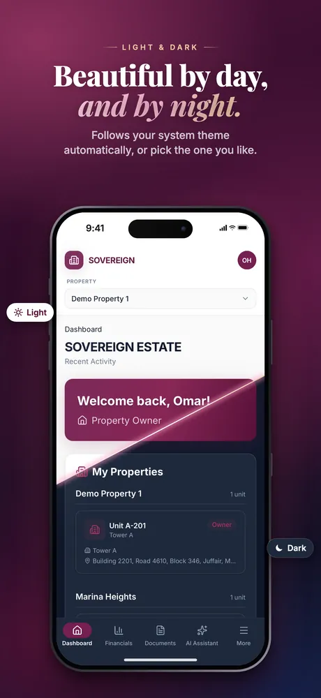Mobile, App Store — The dashboard in light and dark mode.