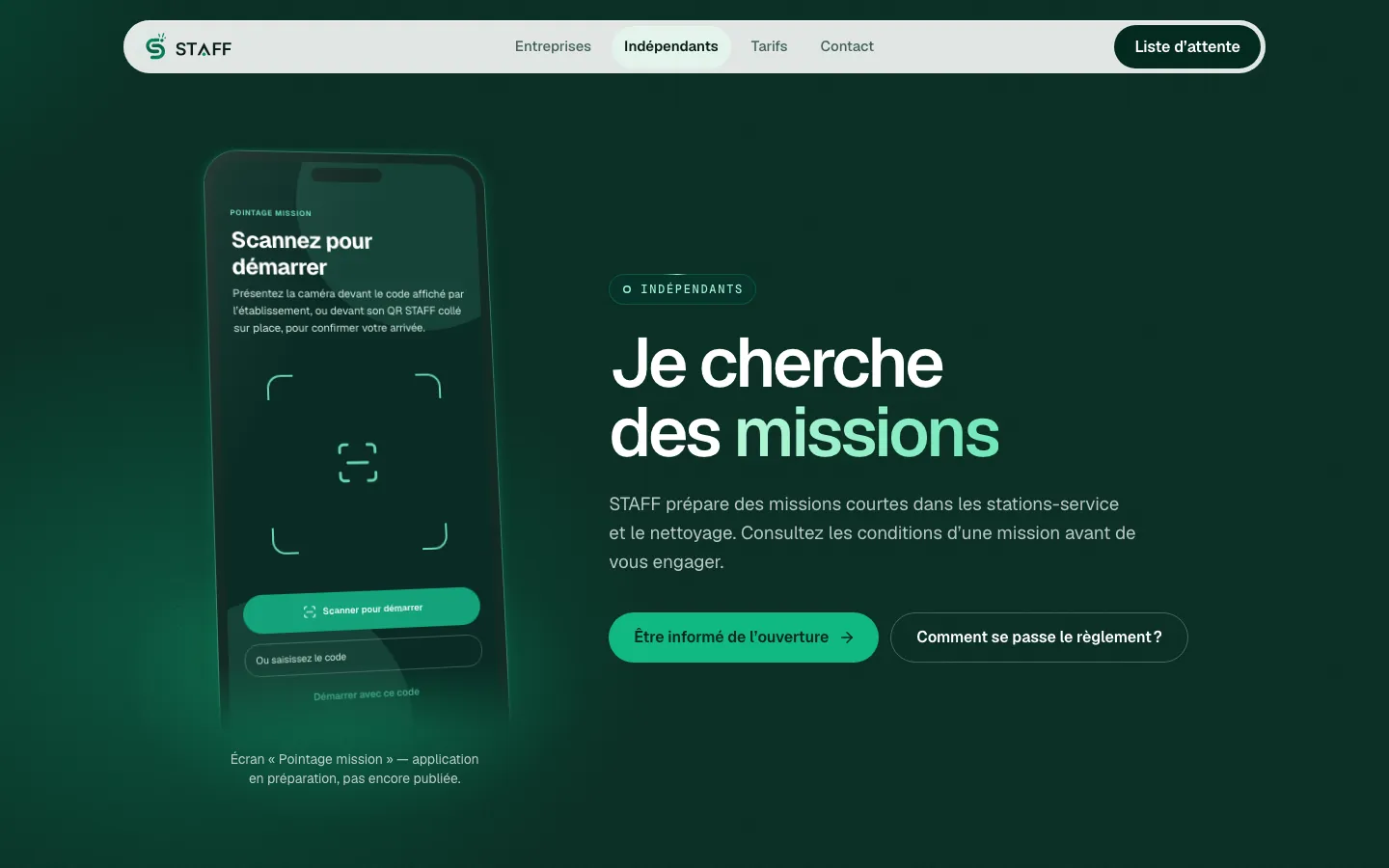 لقطة شاشة لصفحة المستقلين في staff-app.fr