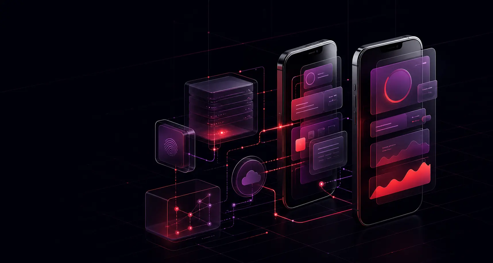 Abstract mobile-application screens connected to an API and business system